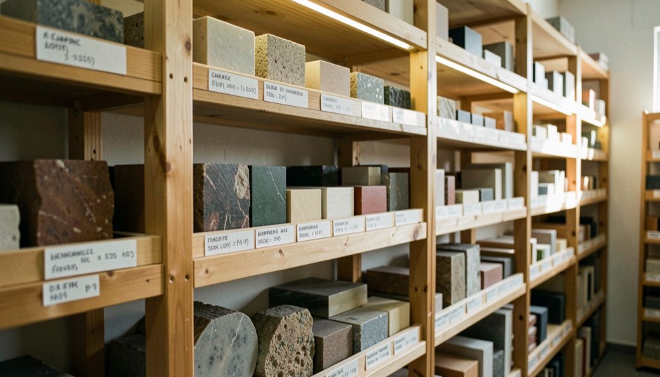 Libreria di campioni lapidei con etichette scritte a mano in una materioteca illuminata da luce laterale su scaffali in legno