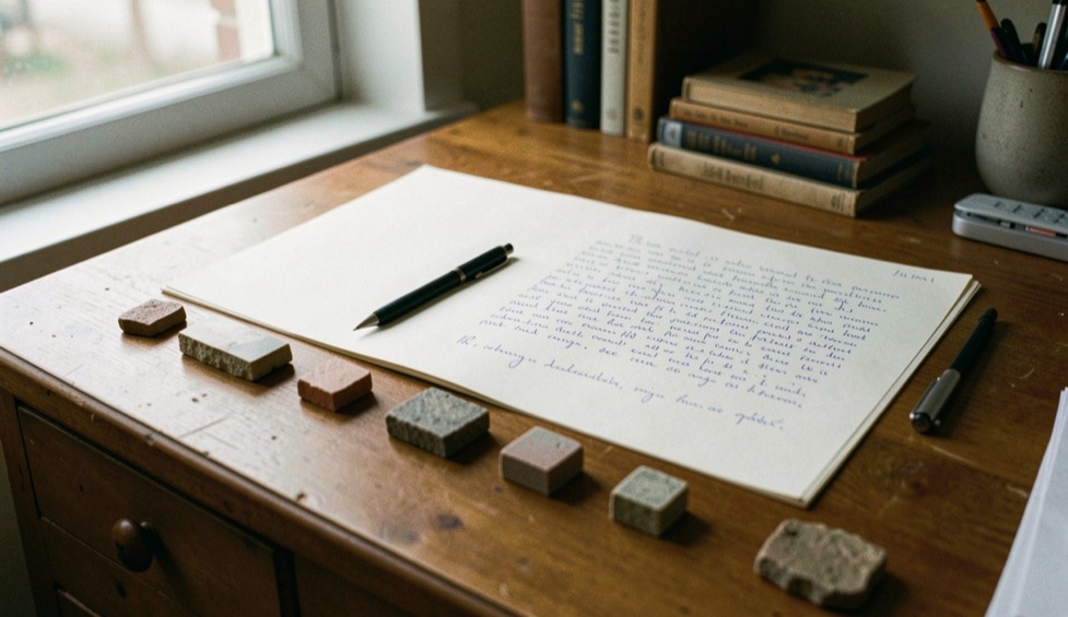 Scrivania con lettera aperta, matita e campioni lapidei piccoli allineati sotto una luce naturale da finestra laterale