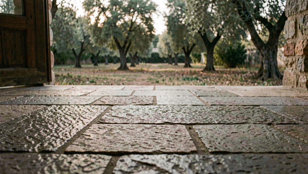 Pavimento esterno in lastre di pietra con finitura ruvida che si allunga verso un giardino con ulivi in luce bassa