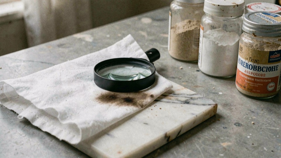 Lente di ingrandimento e panno bianco su una lastra di marmo con una macchia scura, accanto a barattoli di polvere assorbente