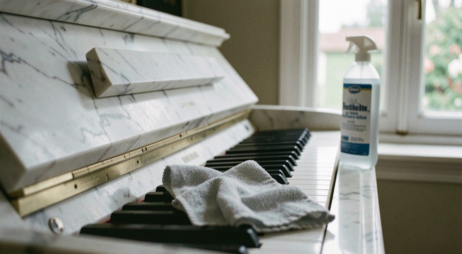 Piano in marmo appena pulito con un panno in microfibra e un flacone di detergente neutro appoggiato accanto alla finestra