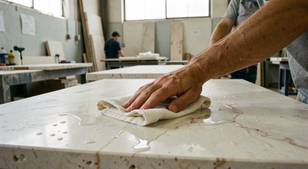 Mano che applica un protettivo con panno su una lastra di travertino in officina, con gocce che restano in superficie