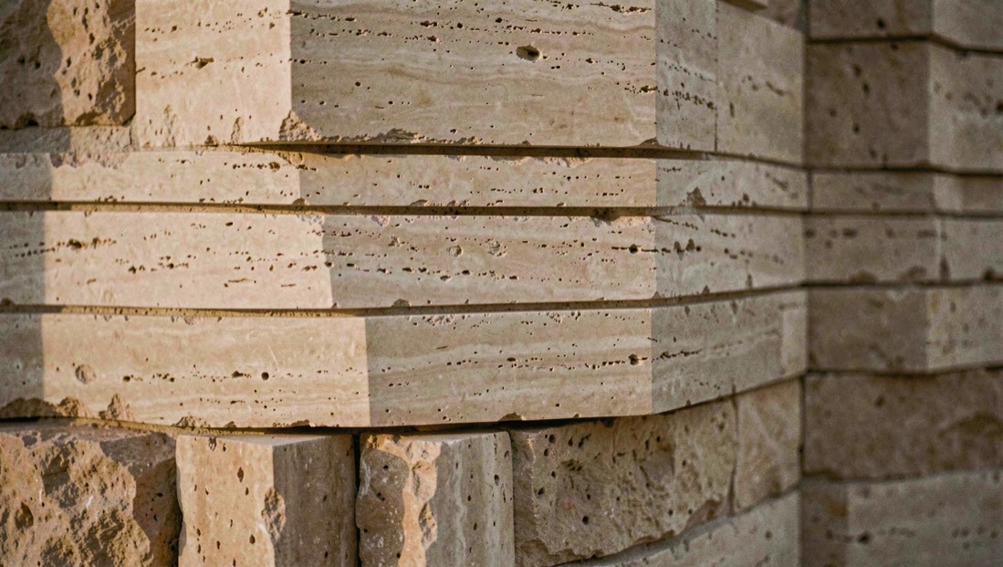 Faccia di cava di travertino con tagli orizzontali netti e blocchi nocciola accostati sotto una luce bassa del pomeriggio